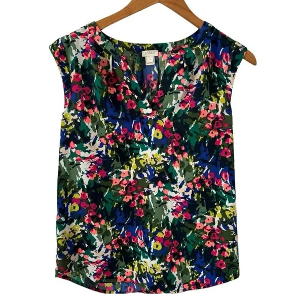 J. Crew Tops - J Crew Vibrant Womens Multi Floral Sleeveless Split Neck Tank Preppy Blouse Sz 2